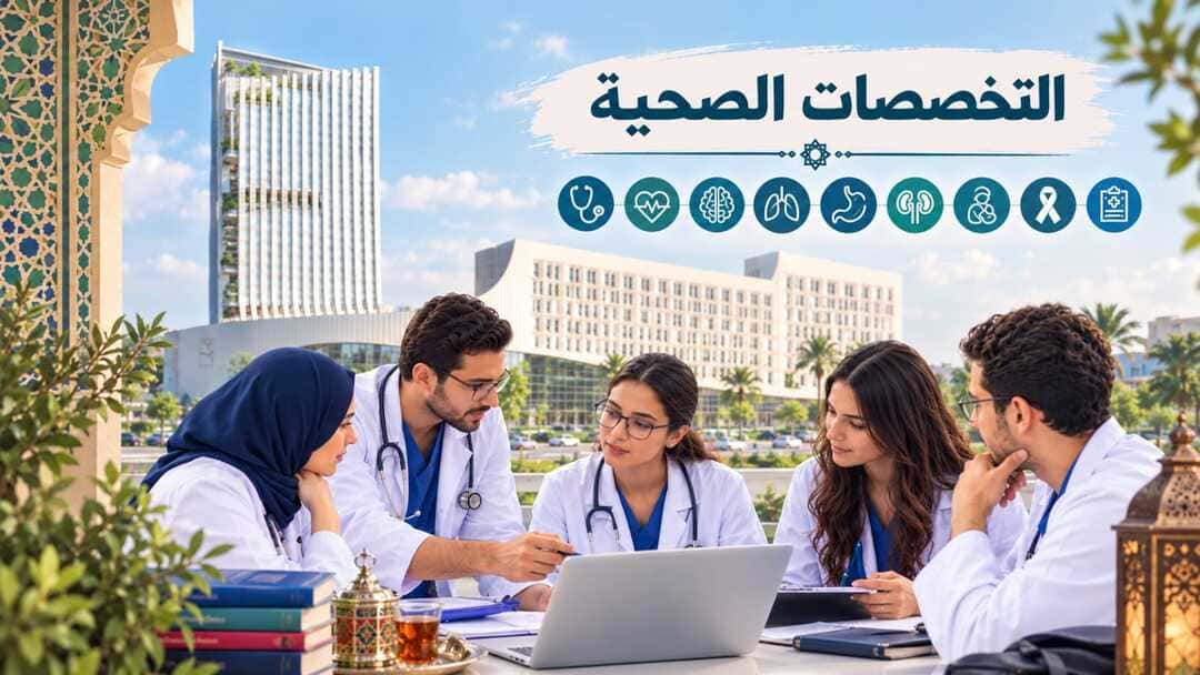 فريق من المهنيين الصحيين المغاربة يناقش ملفًا طبيًا على حاسوب محمول أمام مبنى صحي حديث